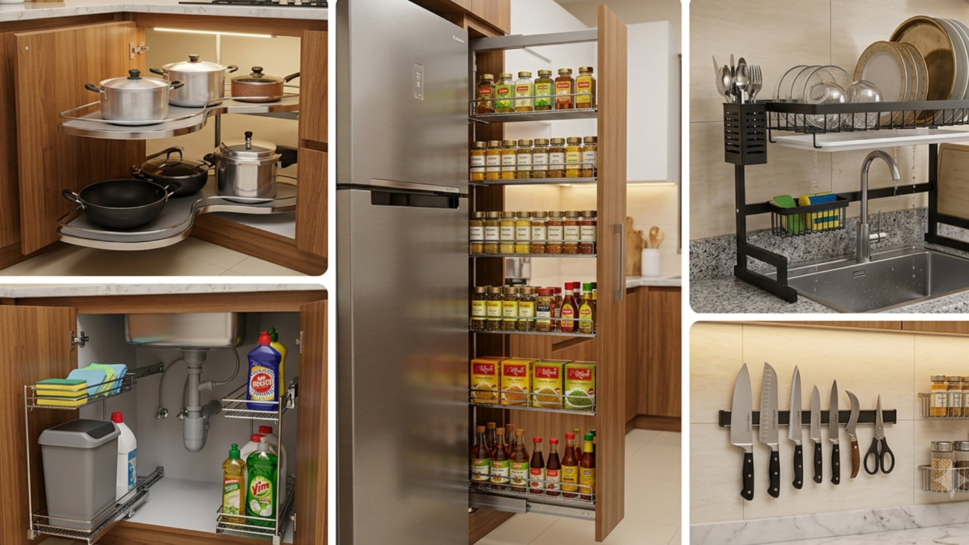 Compact kitchen collage: magic corner, tall pantry, and sink organizers.
