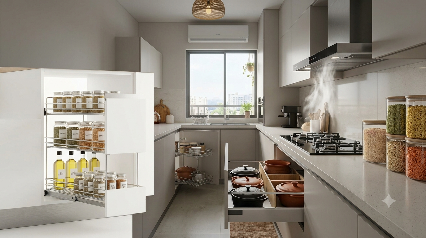 A modern, text-free photograph of an open white modular kitchen cabinet, fully equipped with a pulling-out multi-tier SS 304 wire pantry system stocked with spice jars and bottles, demonstrating kitchen organization ideas in a Bangladeshi apartment renovation.
