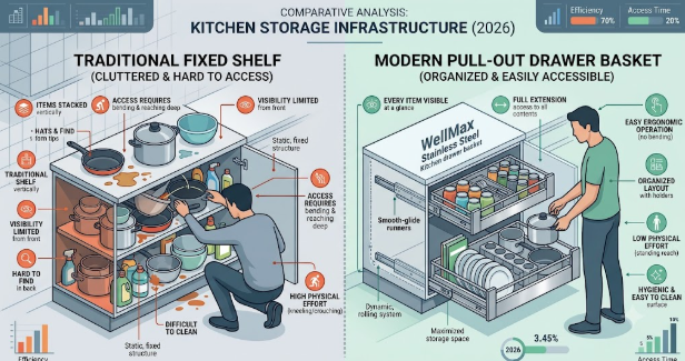 A comparative infrastructure diagram contrasting a cluttered traditional fixed kitchen shelf with an organized modern WellMax stainless steel pull-out drawer basket system, dated 2026. 