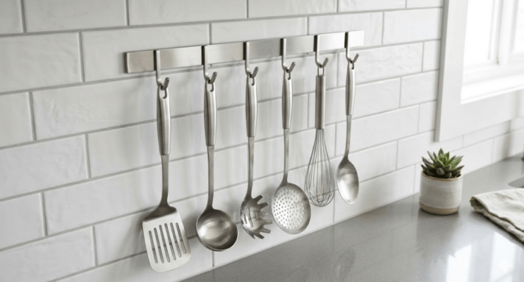 A stainless steel 6-piece kitchen utensil hanger mounted on a white subway tile backsplash with organized cooking tools.
