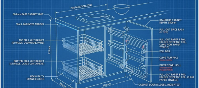 Technical blueprint of a 600mm kitchen base cabinet showing organized pull-out spice racks and paper foil holders.