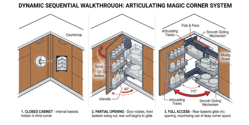A three-step sequential diagram showing a magic corner kitchen basket system swinging outward from a blind corner cabinet for full access.
