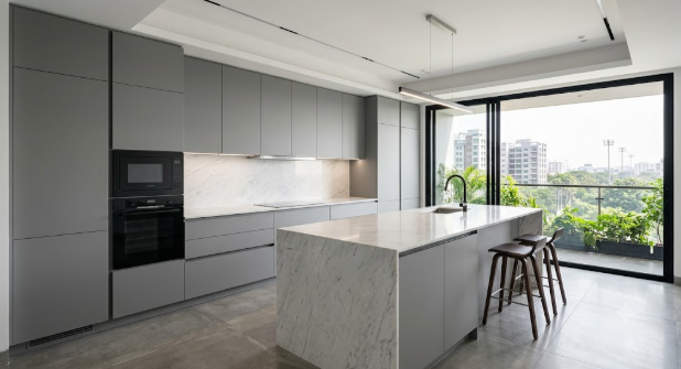Modern minimalist modular kitchen design in Dhaka with seamless handleless grey cabinetry.
