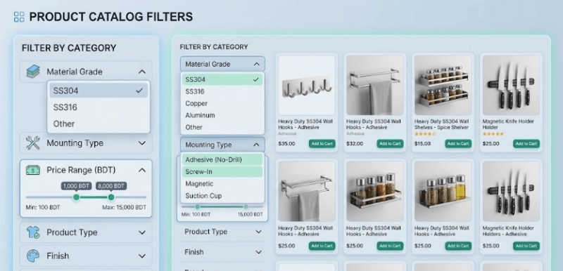 UI mockup of an online kitchen accessories catalog with open filter menus for material (SS304) and mounting type. 