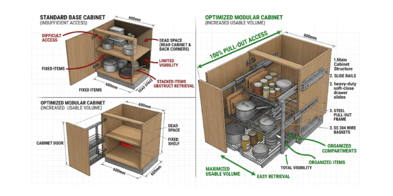 Technical schematic comparing an inefficient dead corner cabinet to a high-efficiency pull-out magic corner organizer system.