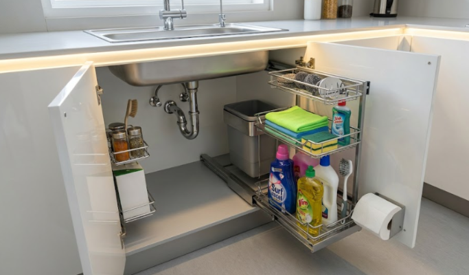 A well-organized modern kitchen under-sink cabinet featuring a pull-out storage rack and cleaning supplies.
