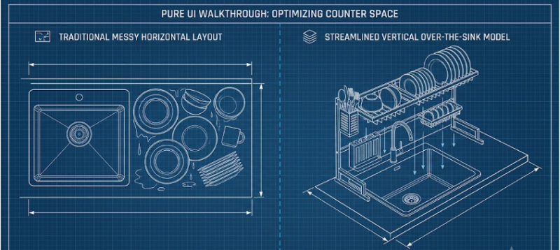 Technical wireframe comparison of standard countertop clutter versus vertical over the sink rack organization