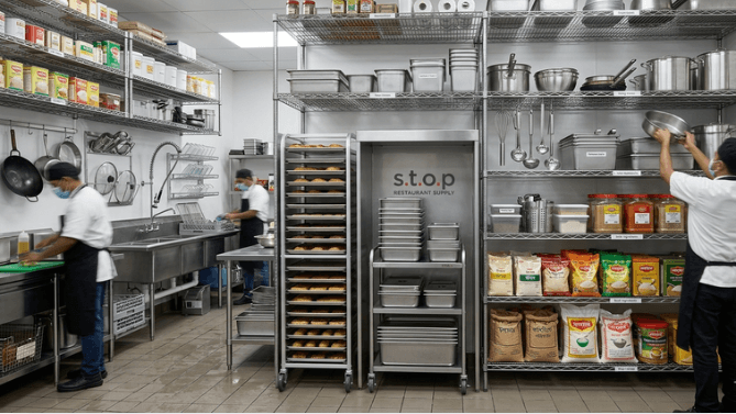 A high-efficiency commercial storage area with floor-to-ceiling metal shelving units, mobile pan Commercial Pan racks, and staff in masks organizing supplies.