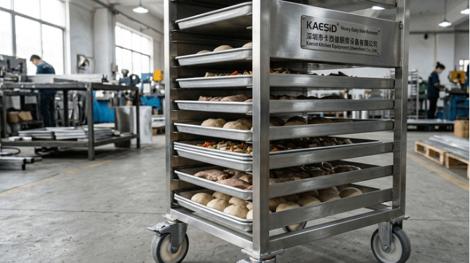 Close-up of a loaded stainless steel mobile pan rack with precise side runners in a commercial kitchen equipment factory.