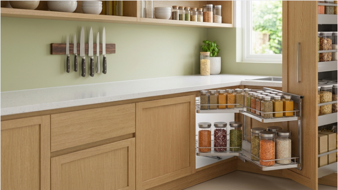 A well-lit modern kitchen corner featuring smart storage solutions: open wooden shelving, a multi-tier corner pull-out spice rack, and a tall vertical pantry pull-out filled with various organized jars and food containers.