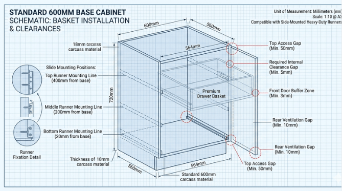A technical blueprint diagram illustrating the correct dimensions, mounting points, and clearance gaps for installing pull-out baskets within a 600mm kitchen base cabinet.