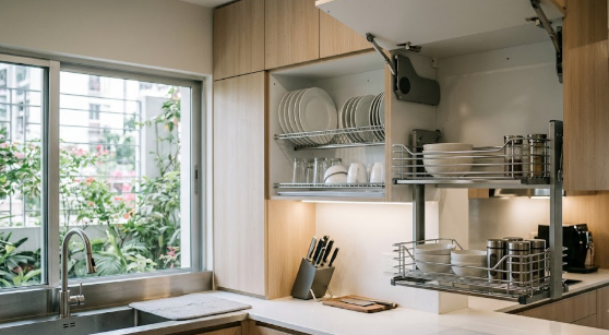 Premium stainless steel elevator pull down basket and glass plate rack with drip tray installed in modern kitchen wall cabinets.
