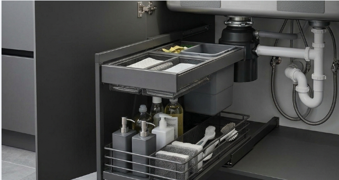 Modern under-sink cabinet with pull-out organizers and clean plumbing.