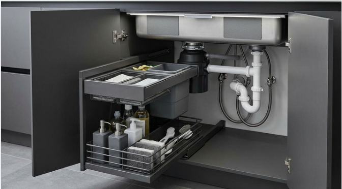 Under-sink cabinet with pull-out drawers and visible plumbing assembly. 