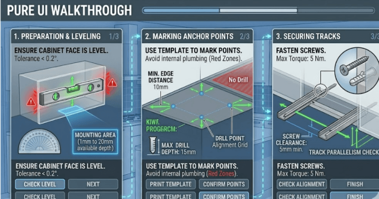 Step-by-step UI guide for installing an under-cabinet glassware rack with mounting and alignment details.