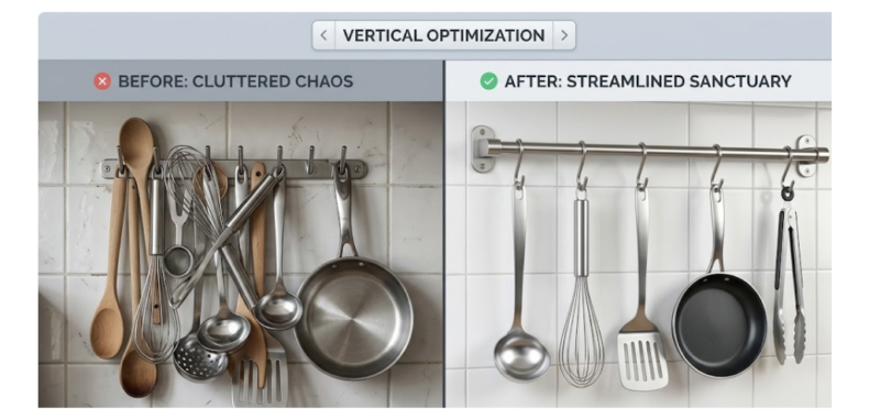 Split-screen graphic showing a cluttered vs. an organized kitchen wall using a stainless steel rail and S-hooks.