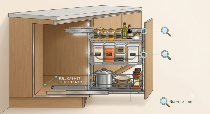 A well-organized, white modular kitchen pantry cabinet featuring several tall pull-out wire baskets and drawers filled with various dried food containers, cereal boxes, and snacks, demonstrating maximization of vertical space.
