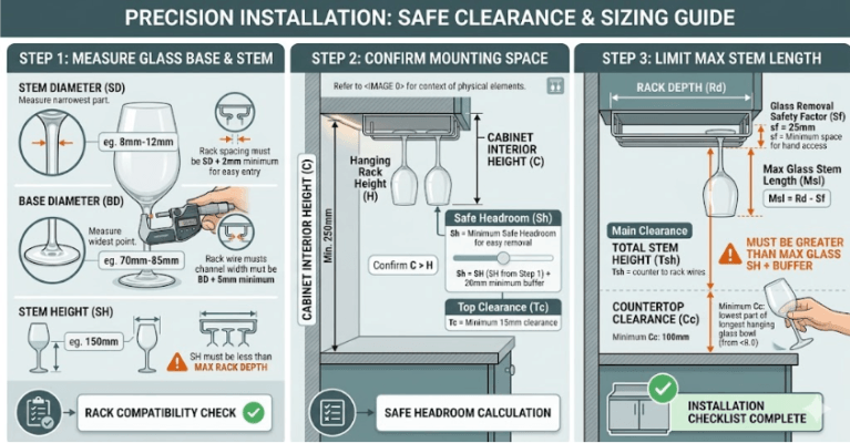 Infographic showing wine glass measurements and cabinet clearance requirements for rack installation.