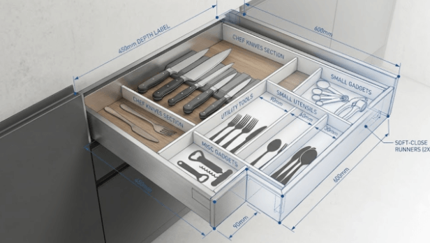 Technical 3D CAD blueprint diagram of a soft-close cutlery storage drawer.
