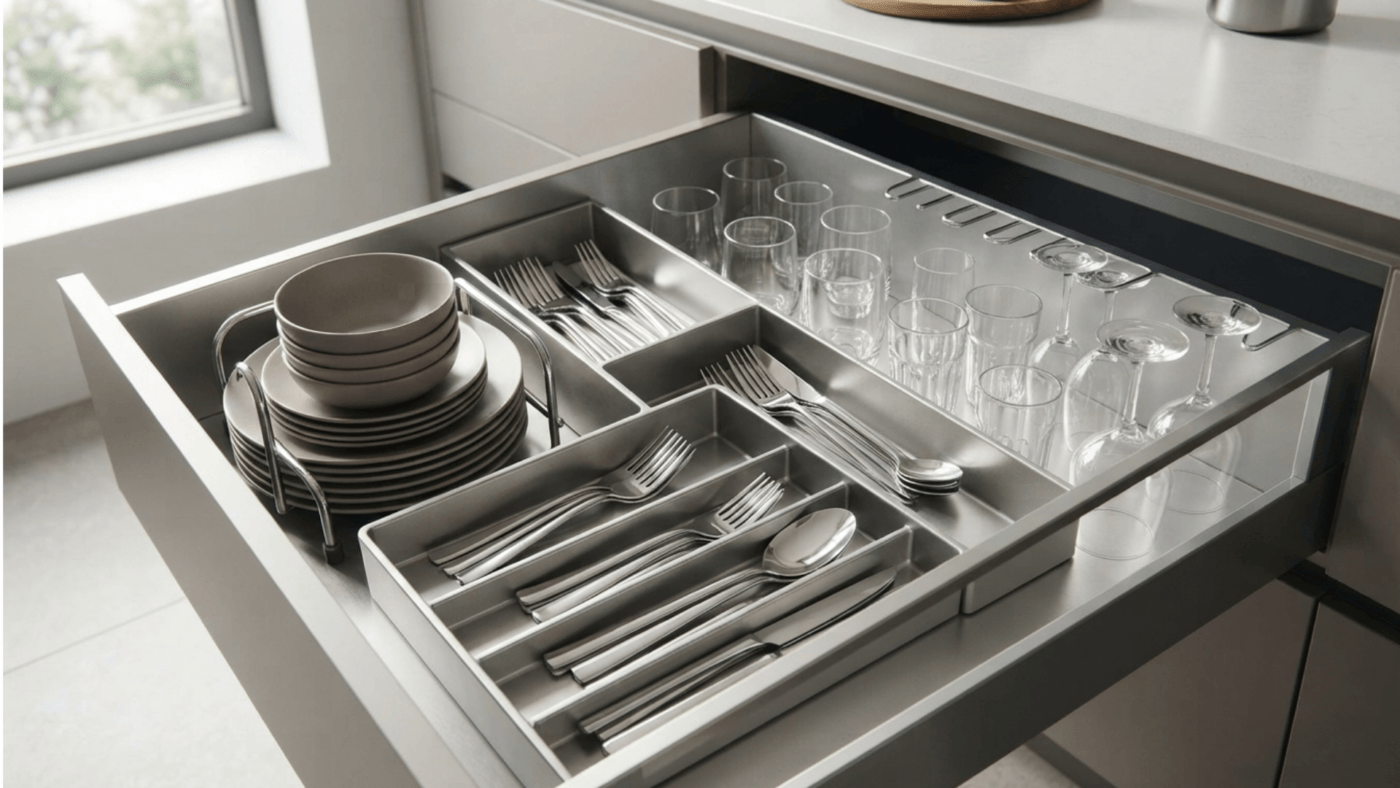 Organized kitchen drawer with tableware in modular dividers.