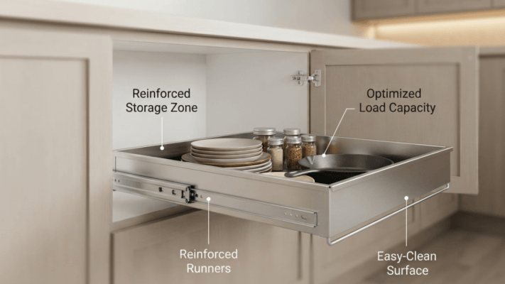 Stainless steel plain basket in a modern kitchen cabinet.