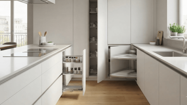 Modern kitchen in BD with slim hood, drawer baskets, and sink fittings.