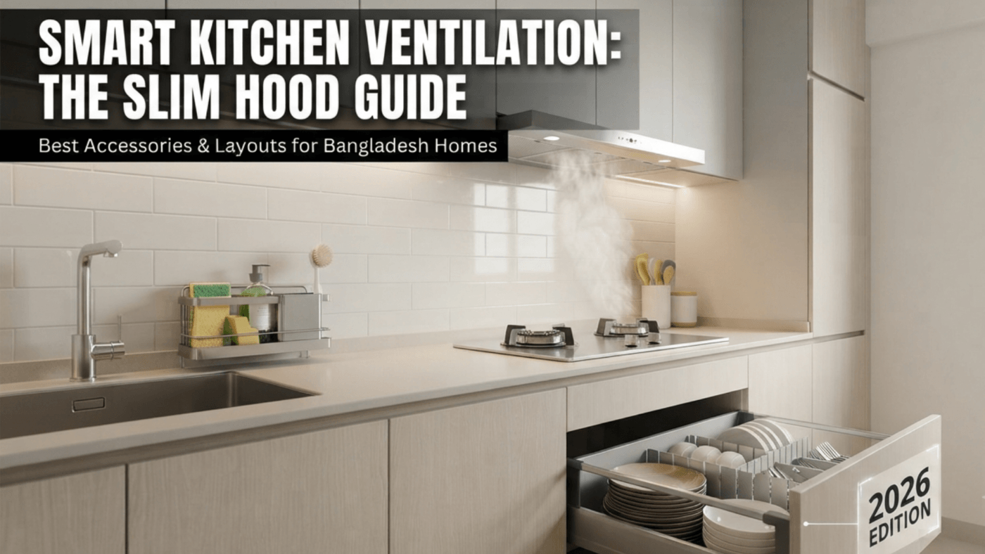 Modern kitchen in BD with slim hood, drawer baskets, and sink fittings.