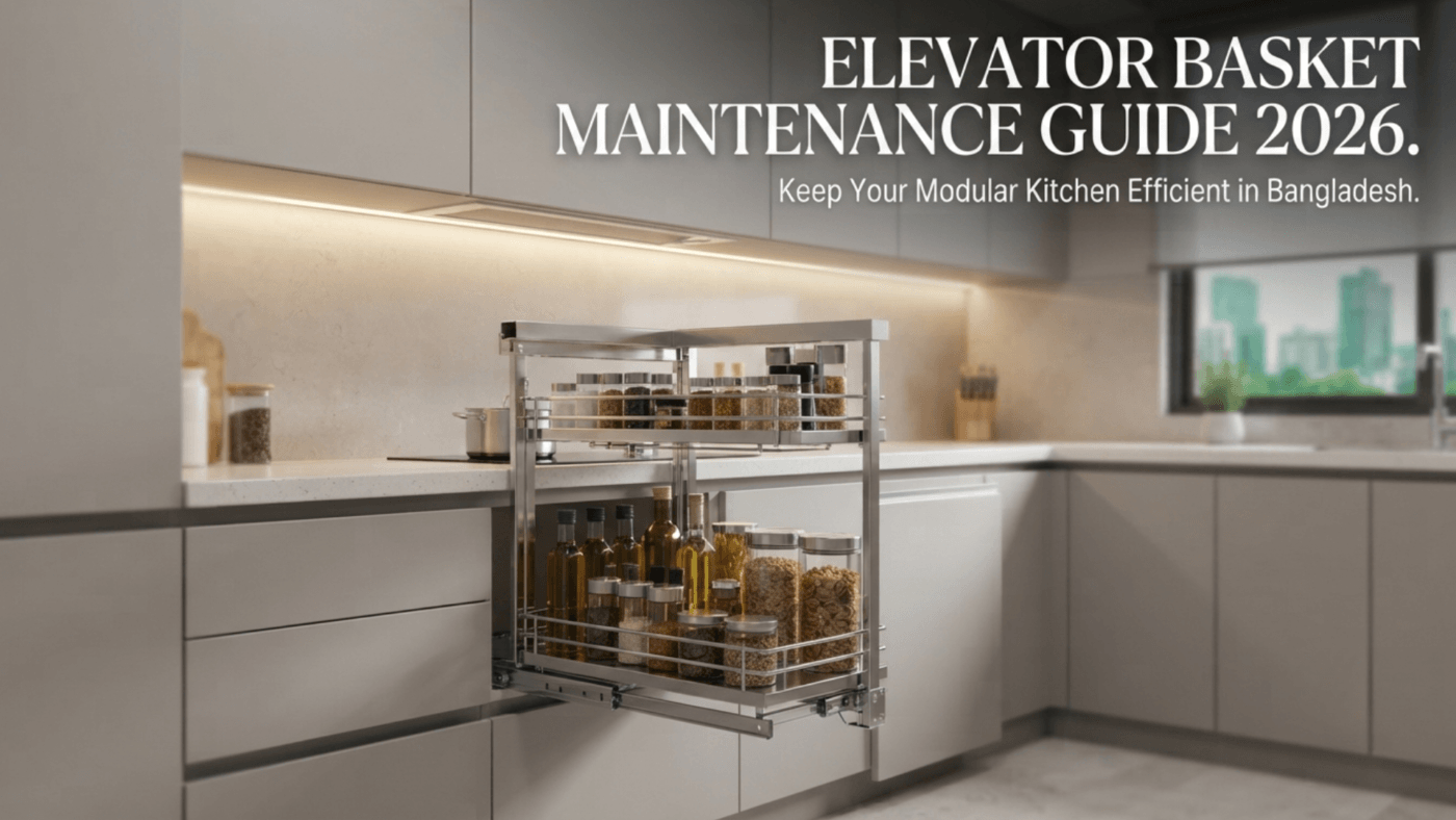 Modern modular kitchen in Dhaka with a stainless steel elevator basket system, highlighting our 2026 maintenance guide.