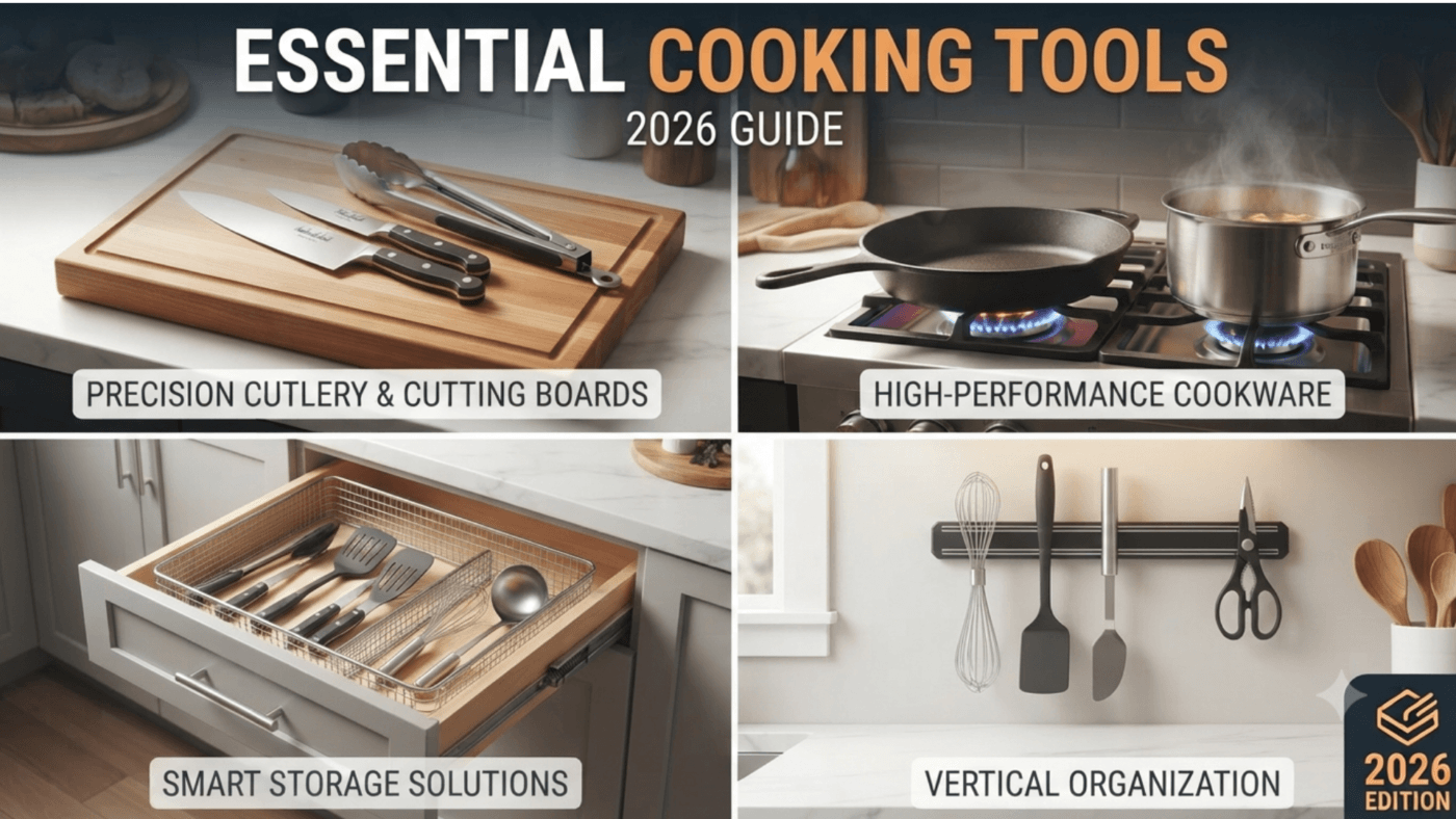 Essential Cooking Tools 2026 Guide showing kitchen organization and gear.
