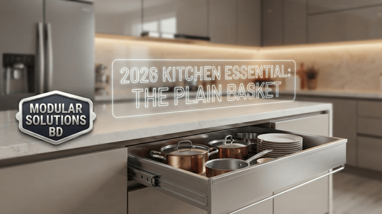 Modern modular kitchen featuring an organized stainless steel Plain Basket, labeled as a 2026 essential.