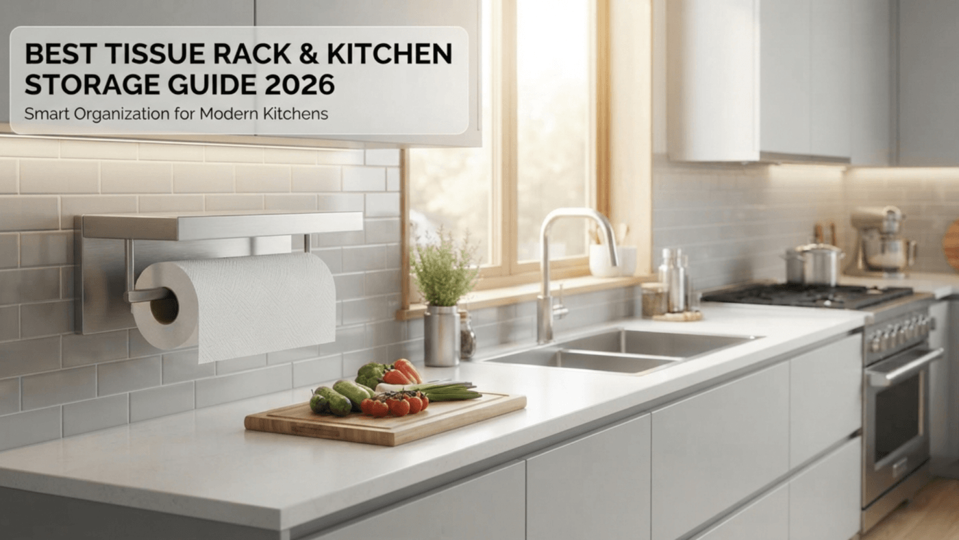 Modern modular kitchen with wall-mounted tissue rack and smart storage guide 2026.