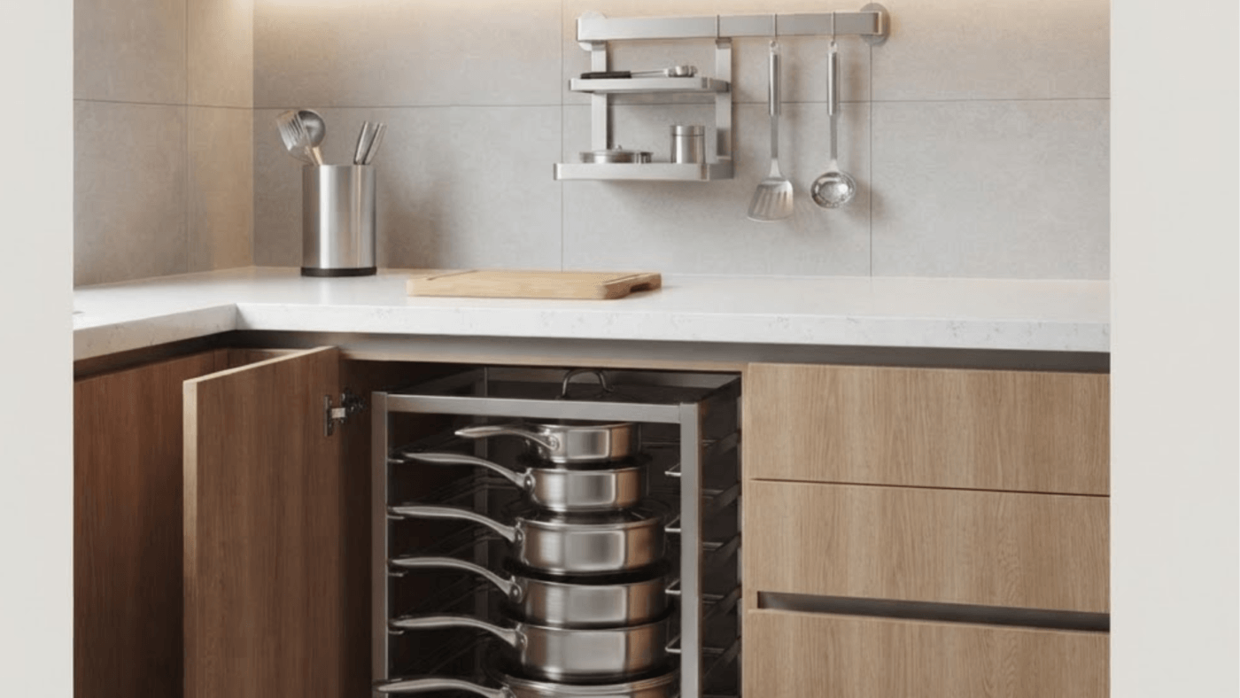 Modern stainless steel pan holder and vertical storage installed in a modular kitchen cabinet for space-saving organization.
