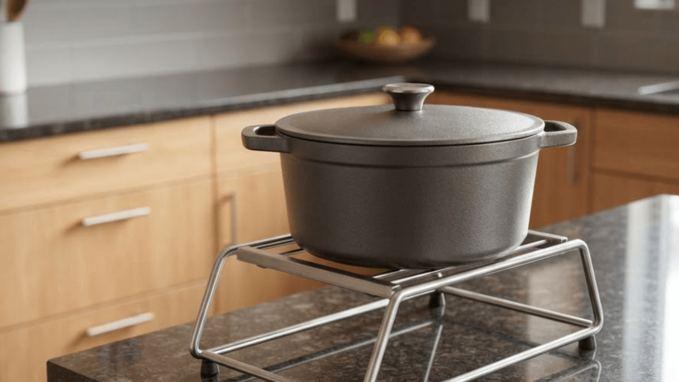 Stainless steel hot plate holder on a modern kitchen countertop.