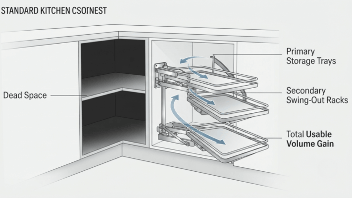 Technical diagram of magic corner cabinet storage unit.