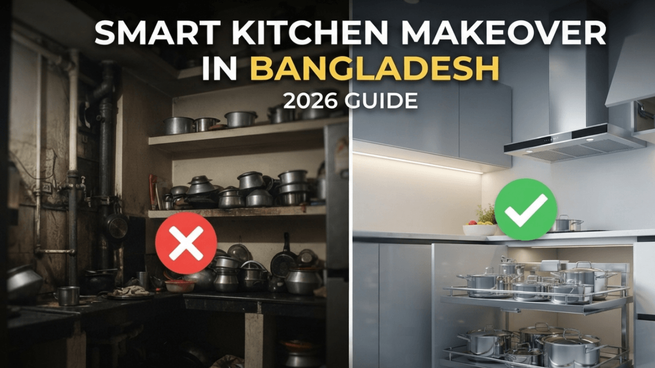 Before and after comparison of a kitchen renovation showing smart storage solutions and stainless steel accessories in Bangladesh.
