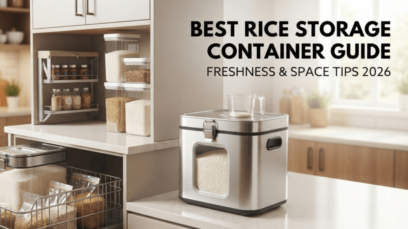 Stainless steel rice container and pull-out baskets in a modern BD kitchen.