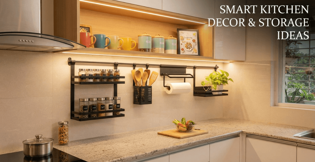 Modern, space-saving small kitchen wall decor and storage with mounted spice racks and utensils in a Bangladeshi home.