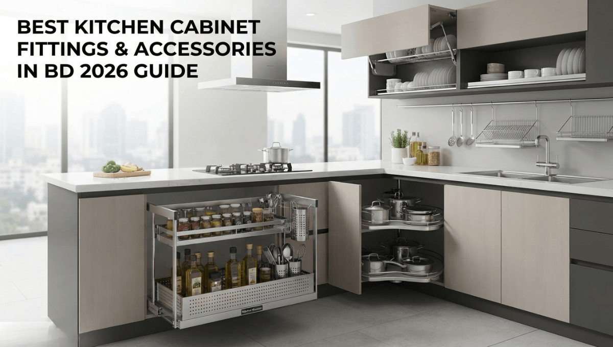 Modern modular kitchen interior in Dhaka, Bangladesh, showcasing premium stainless steel pull-out racks, a corner magic corner unit, hydraulic lift systems, and a chimney, all part of a space-saving design for 2026.