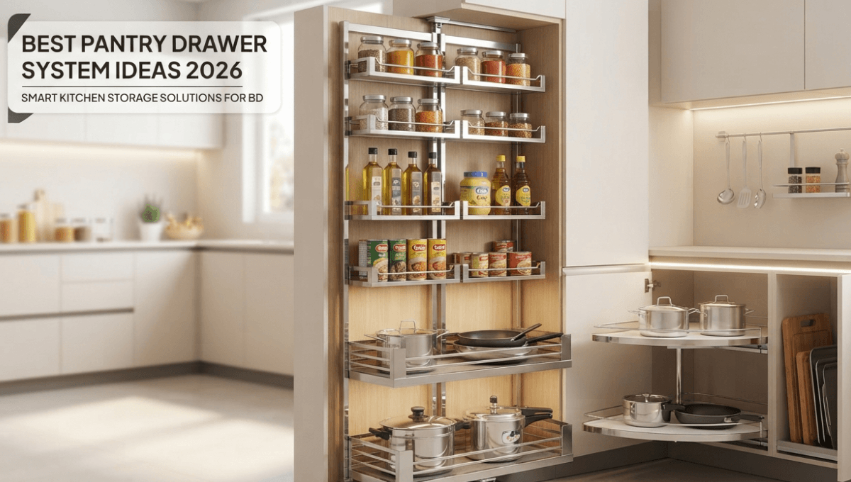 A modern, fully-organized modular kitchen in Bangladesh showcasing a tall pull-out pantry drawer system, stainless steel pull-out baskets, corner carousel, and vertical dividers, all filled with various kitchen essentials, spices, and cookware. Text overlay reads: "BEST PANTRY DRAWER SYSTEM IDEAS 2026: SMART KITCHEN STORAGE SOLUTIONS FOR BD".