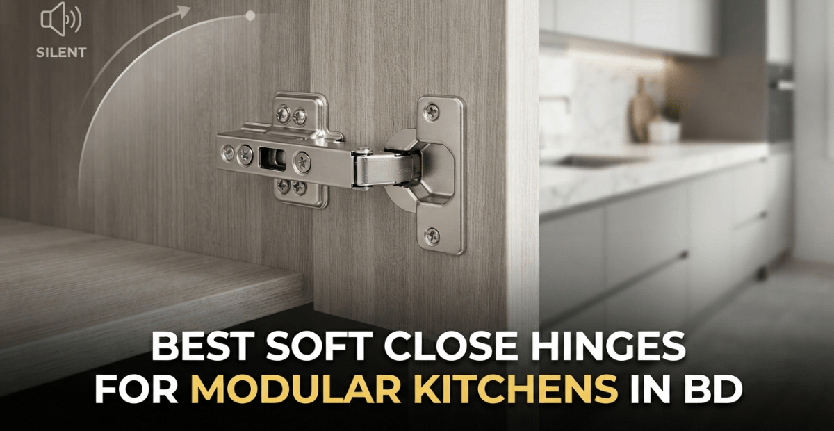 A close-up view of a premium soft-close hydraulic hinge installed on a light wood cabinet door in a modern modular kitchen.