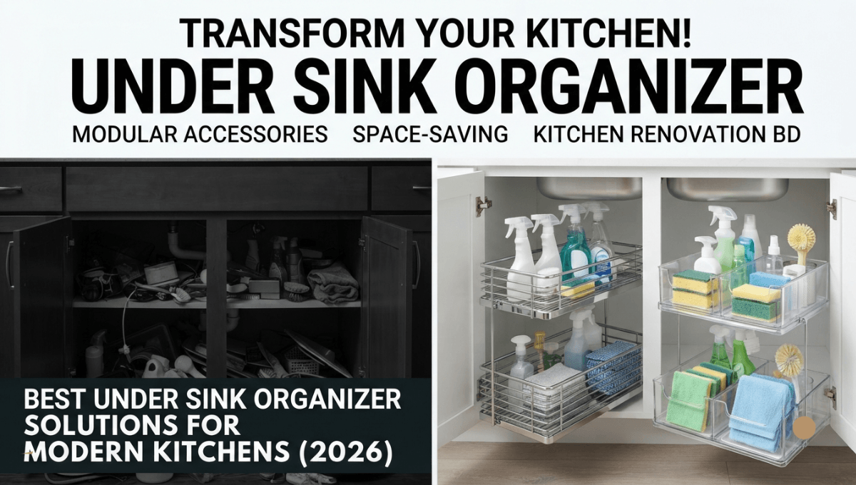 Split view comparing messy (left) and organized (right) under-sink cabinets using modular racks and cleaning supplies, with text overlay