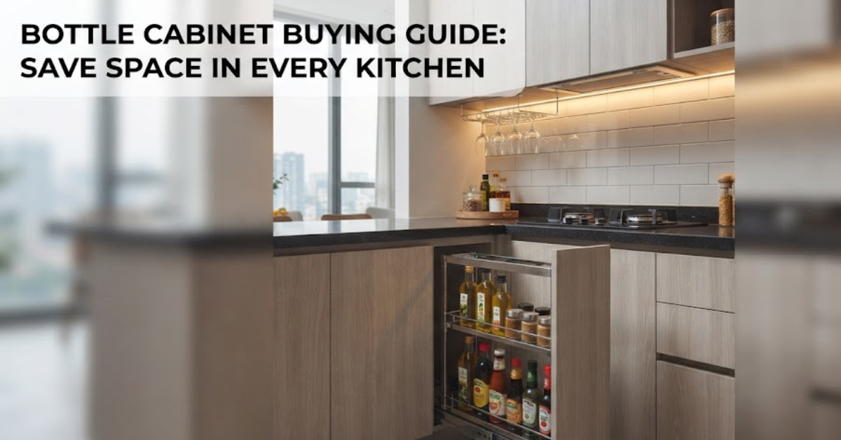 Modern modular kitchen with stainless steel bottle pull-out and glass rack maximizing space.