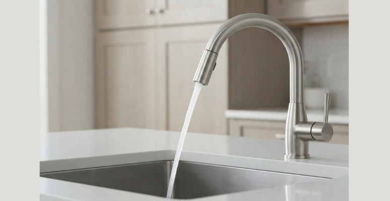 High-arch brushed stainless steel kitchen mixer faucet with water flowing, set in a modern Dhaka kitchen with wood cabinets.