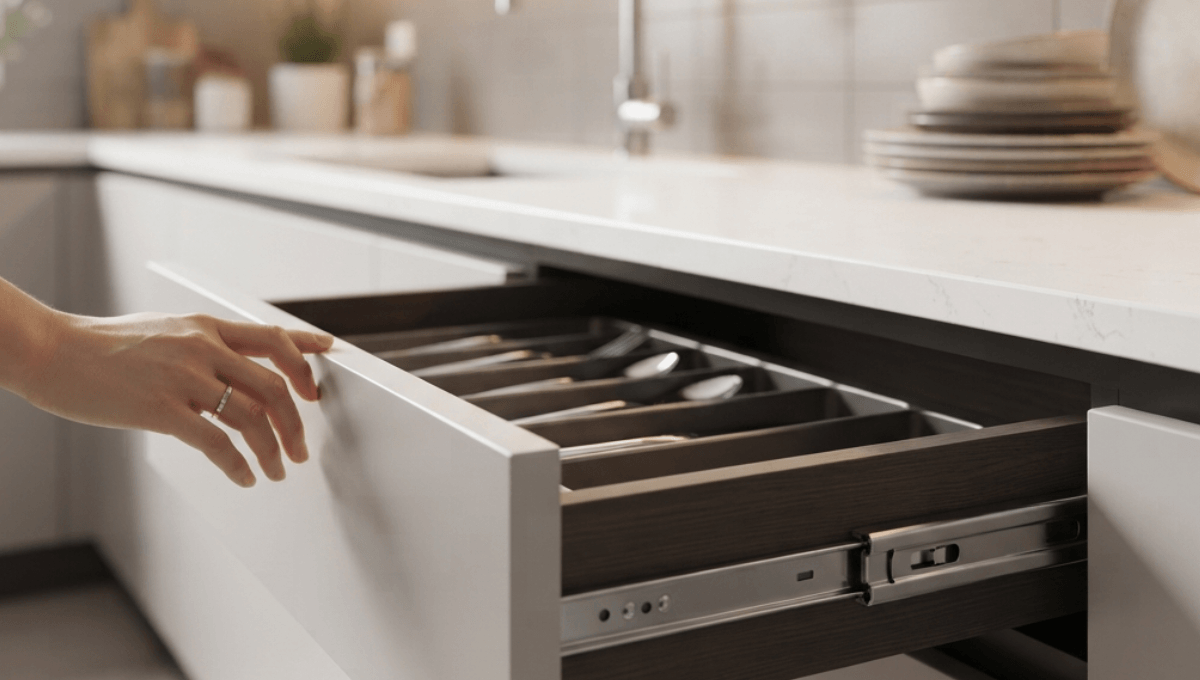 Close-up of a hand gently closing a modern, light grey kitchen drawer, revealing a premium stainless steel soft-close slide mechanism and an internal cutlery organizer in a renovated Bangladeshi kitchen.