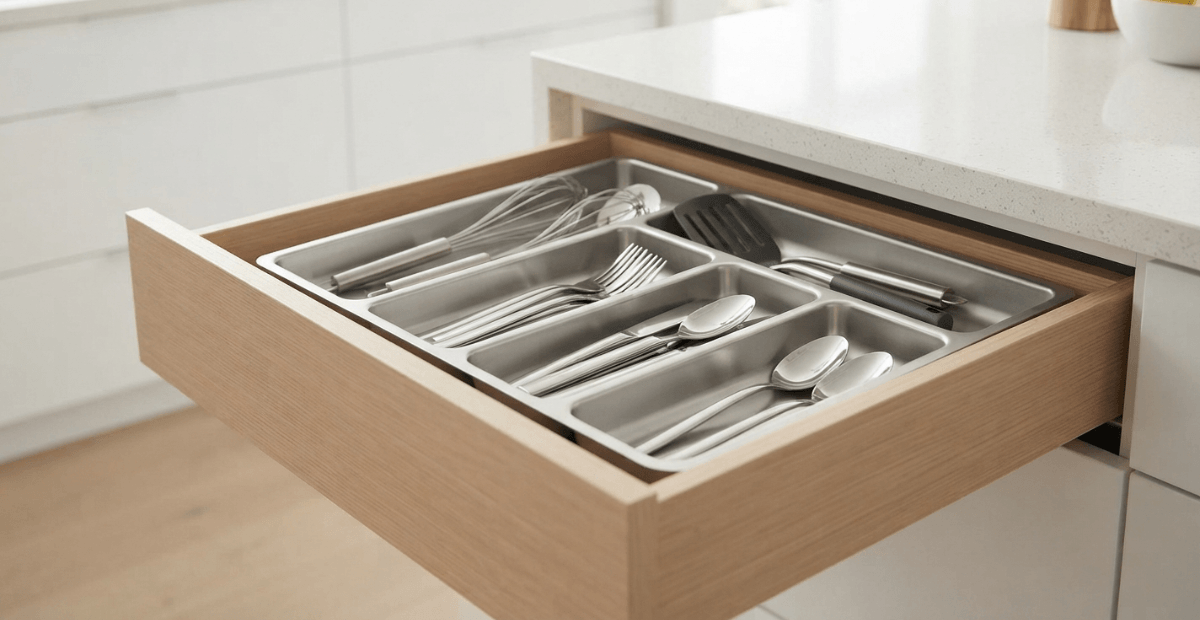 A modern kitchen drawer featuring a compact stainless steel cutlery organizer maximizing storage space.