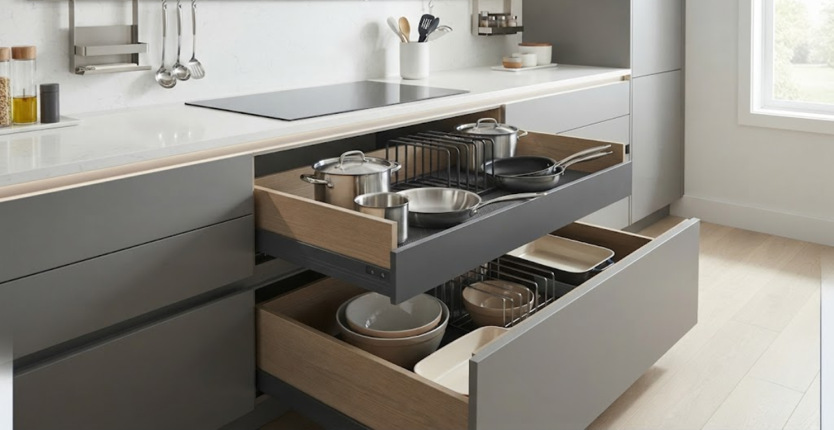 modern deep kitchen drawer system organizing cookware, lids, and mixing bowls