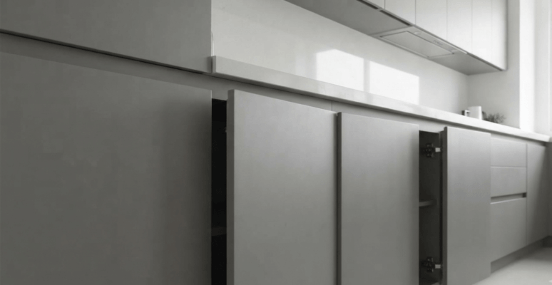 A modern, minimalist modular kitchen in Dhaka featuring handleless cabinets and sleek doors aligned by concealed hinges, demonstrating seamless functionality.