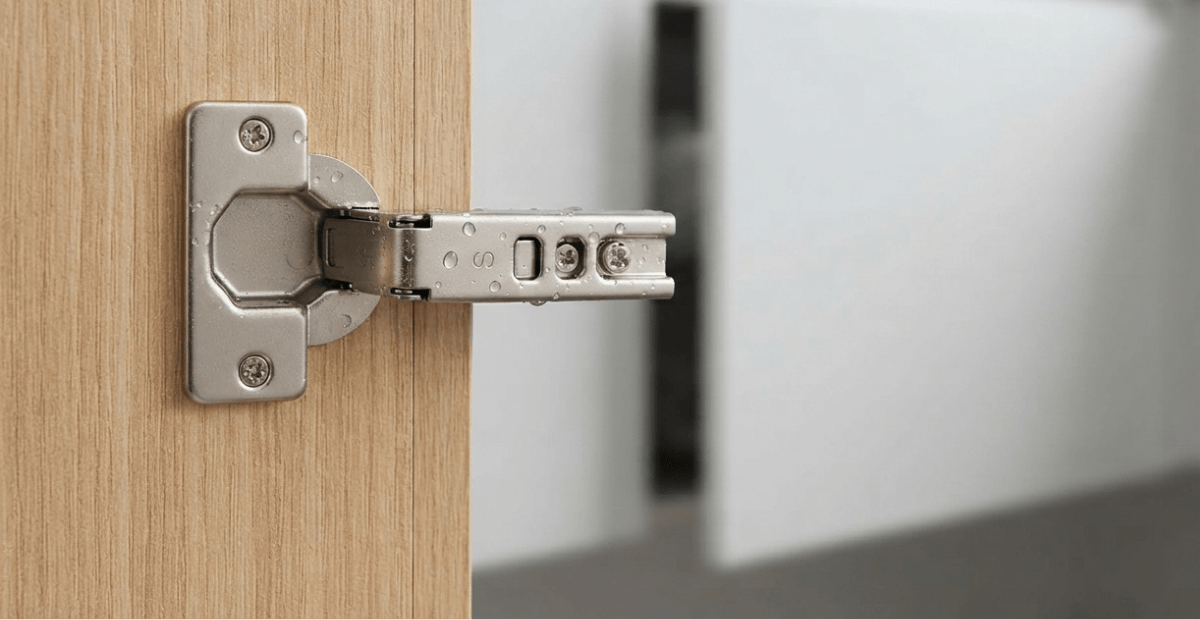 Close-up of a premium stainless steel soft-close concealed hinge for cabinets installed on a modern kitchen door in Bangladesh.