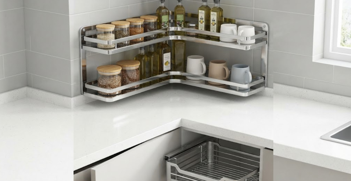 Stainless steel corner wall rack with spice jars and mugs.