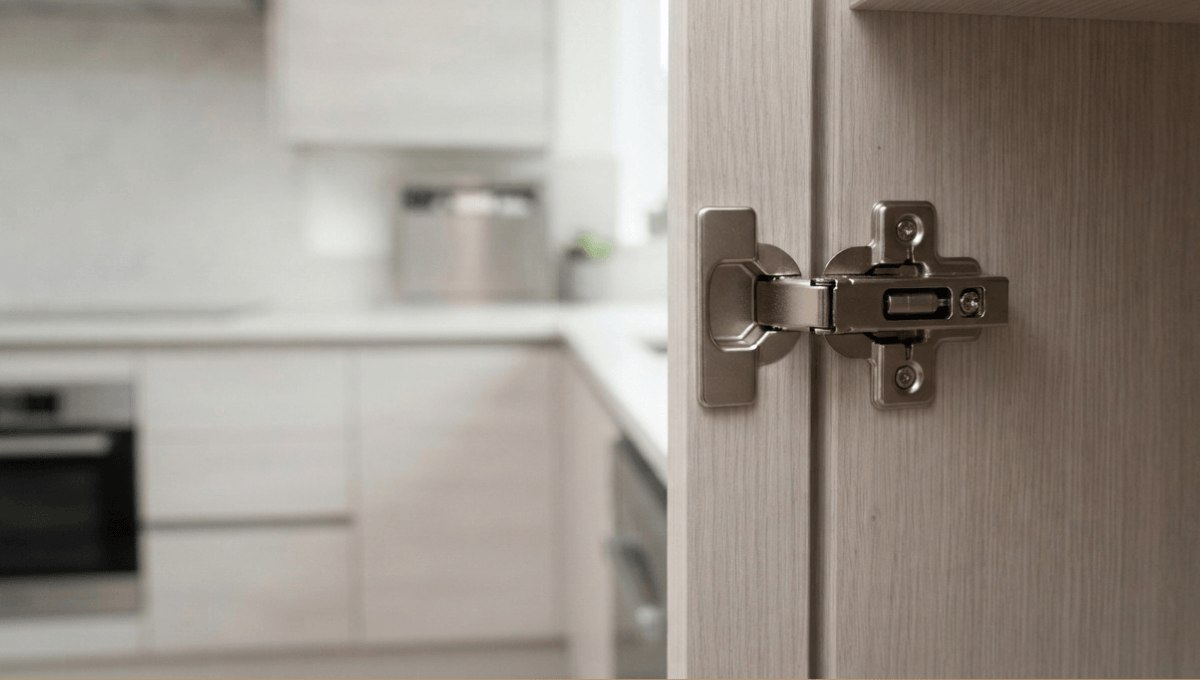A detailed, close-up photograph of a premium stainless steel hydraulic soft-close cabinet hinge installed on a light wood-grain modular kitchen cabinet door in a modern Bangladeshi home. The precision engineering, including the internal piston for silent damping, is clearly visible as the door is slightly ajar, set against a blurred background of a sleek, handleless kitchen.